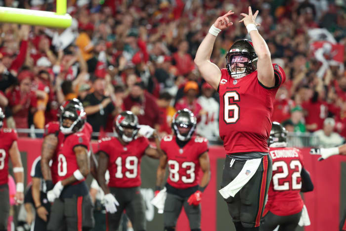 Tampa Bay Buccaneers quarterback Baker Mayfield (6) celebrates a touchdown against the Philadelphia Eagles during the first half of a 2024 NFC wild card game at Raymond James Stadium. Mandatory Credit: Kim Klement Neitzel-USA TODAY Sports